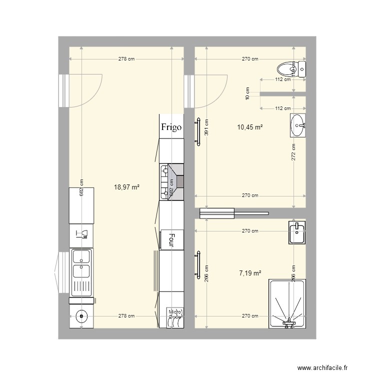 reaménagement CUISINE et SALLE D'EAU. Plan de 3 pièces et 37 m2