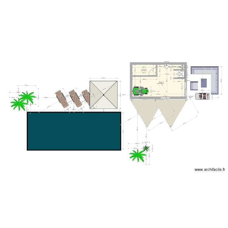 projet piscine abri jardin. Plan de 2 pièces et 19 m2