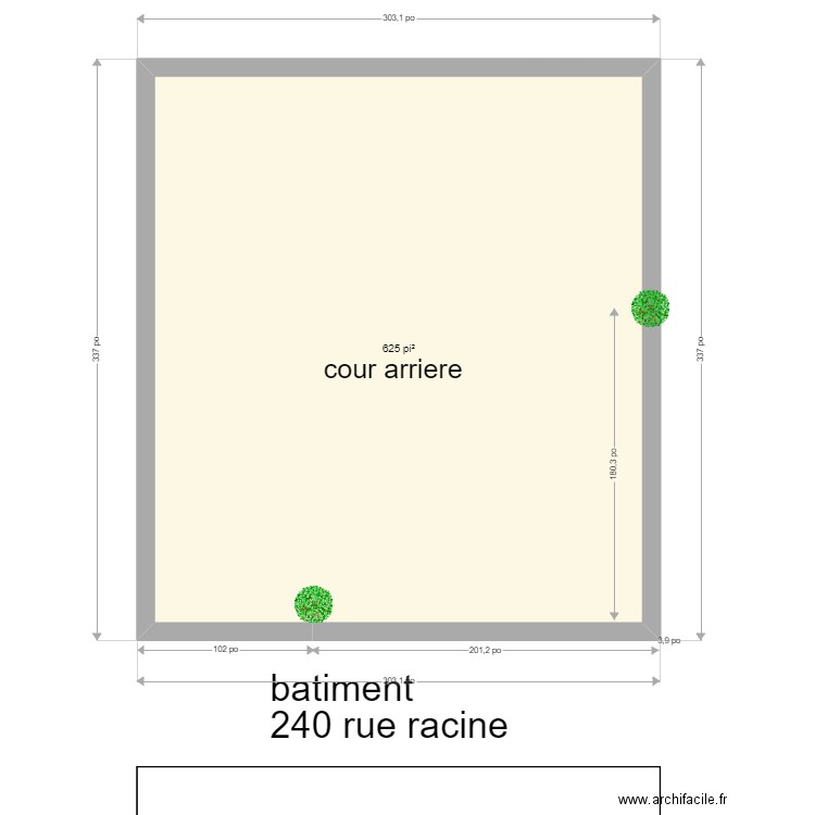 implantation des arbres dans cour arrière. Plan de 1 pièce et 58 m2