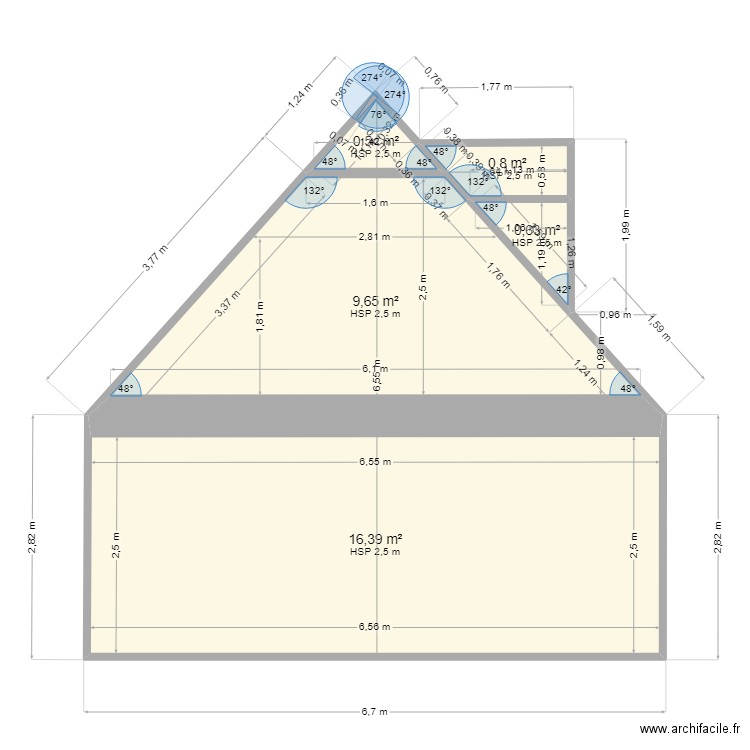 coupe pignon. Plan de 5 pièces et 28 m2