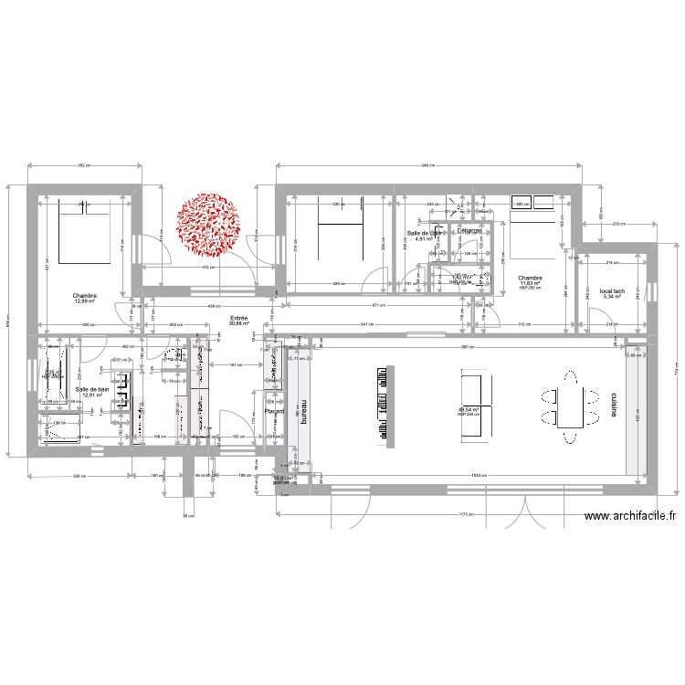 PLAN-25JUIN-WC avec PASSAGE -reduc local tech134m2. Plan de 14 pièces et 135 m2