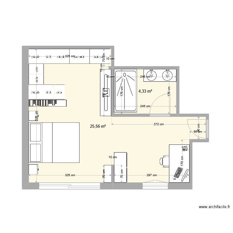 Chambre parentale V3. Plan de 2 pièces et 30 m2