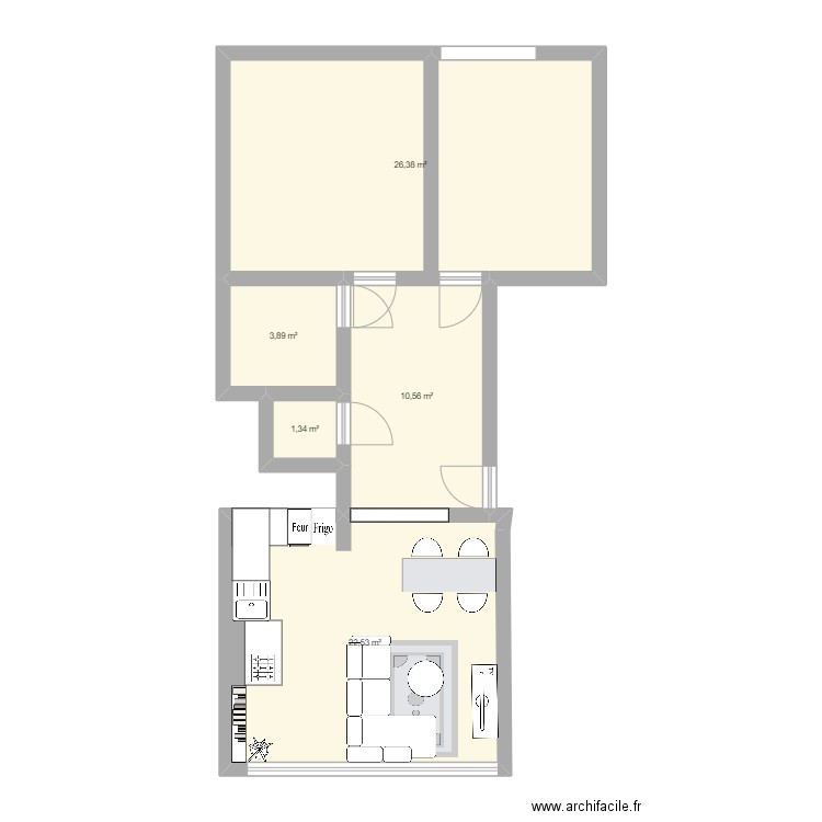 Salon test. Plan de 5 pièces et 65 m2