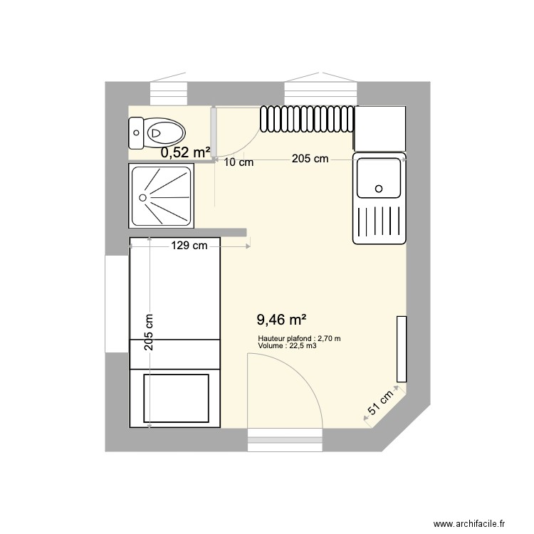 Petit studio commun 7 Foch décence ok. Plan de 2 pièces et 10 m2