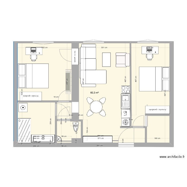 28 FelixViallet - Plan T3 v2. Plan de 2 pièces et 61 m2