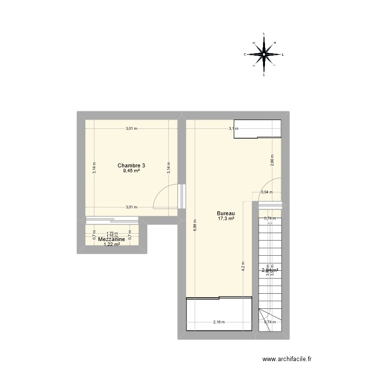 R+1. Plan de 4 pièces et 31 m2