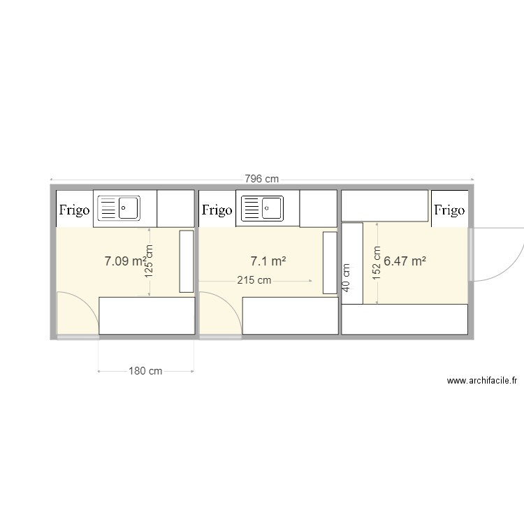 trois cuisine. Plan de 3 pièces et 21 m2