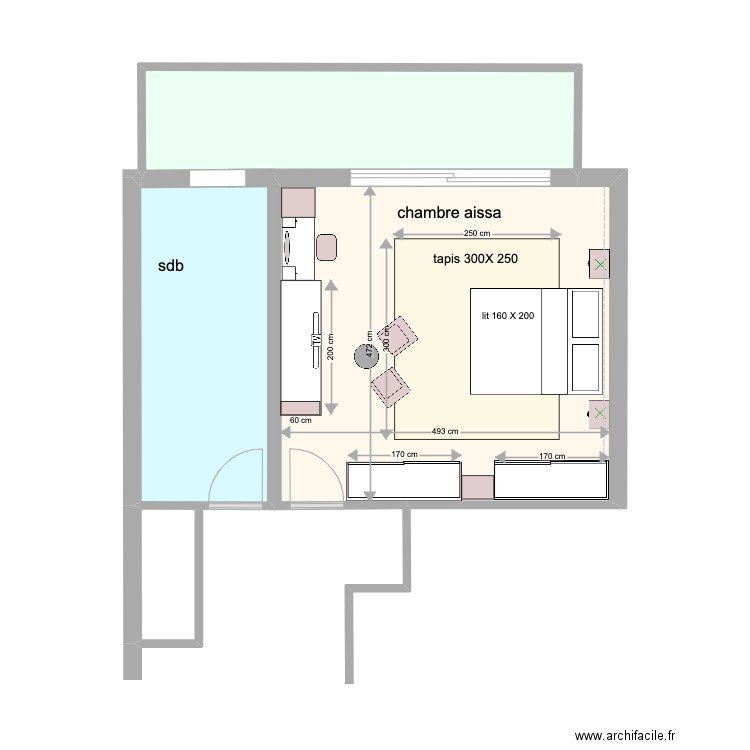 projet chambre aiisa. Plan de 3 pièces et 42 m2