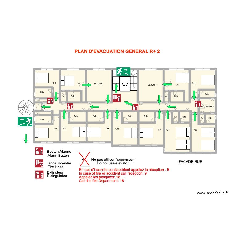 Plan évacuation 2er Etage Général. Plan de 33 pièces et 51 m2