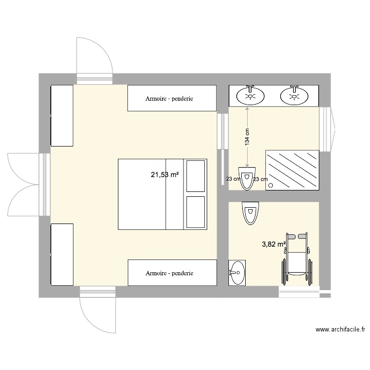 plan chambre salle de bain et WC PMR. Plan de 2 pièces et 25 m2