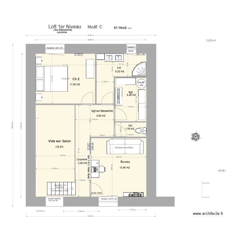 Loft 1 Niveau,Mezzanine +coursive Modif C/E** . Plan de 3 pièces et 59 m2
