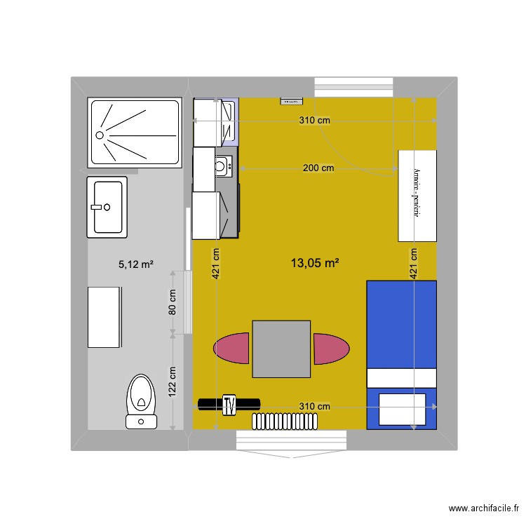 studio 6. Plan de 2 pièces et 18 m2