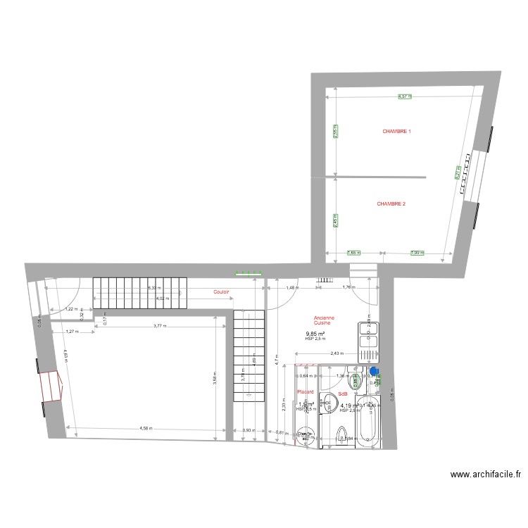 1 ER ÉTAGE . Plan de 4 pièces et 42 m2