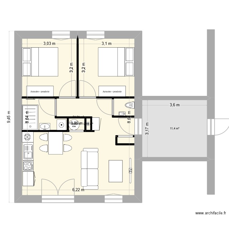 plomberie1. Plan de 4 pièces et 66 m2