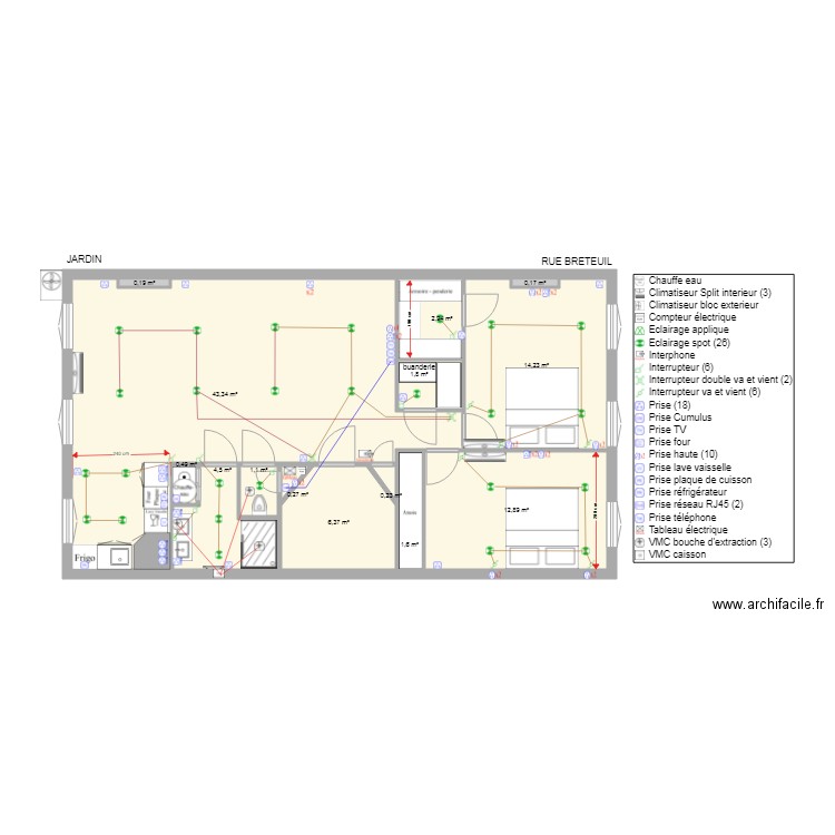 189 breteuil 2 eme electricité. Plan de 14 pièces et 90 m2