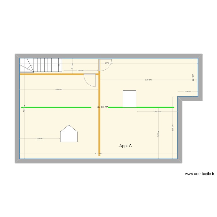 Appt C poutre. Plan de 1 pièce et 58 m2