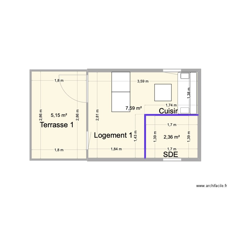 logement 1 aménagement V1. Plan de 3 pièces et 15 m2