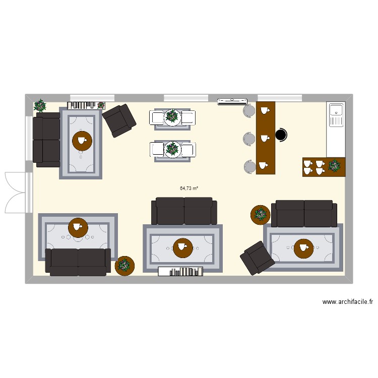 Salon de thé. Plan de 1 pièce et 65 m2