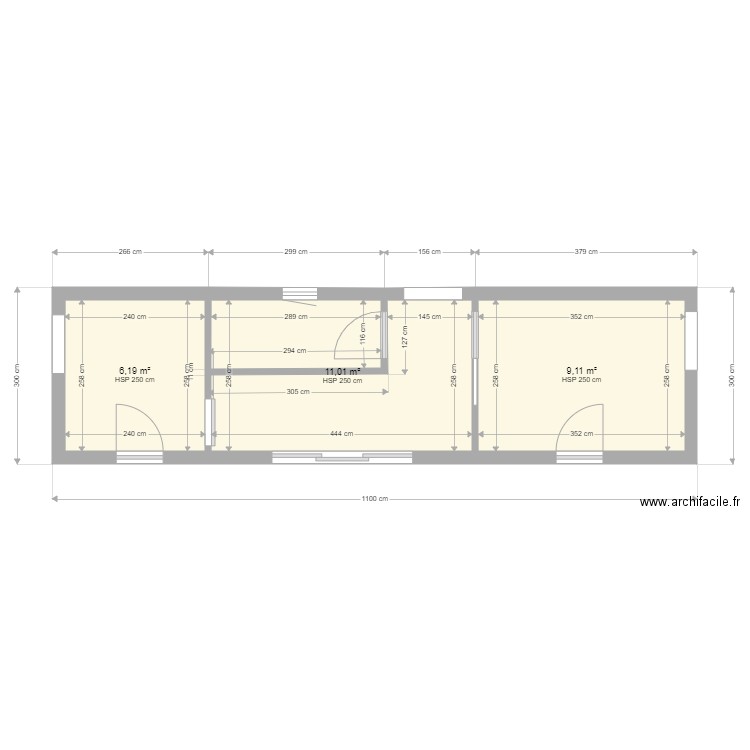 Module 3*10 mètres. Plan de 3 pièces et 26 m2