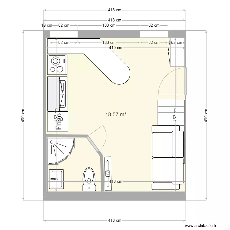 R&eacute;habilitation studio 2. Plan de 
