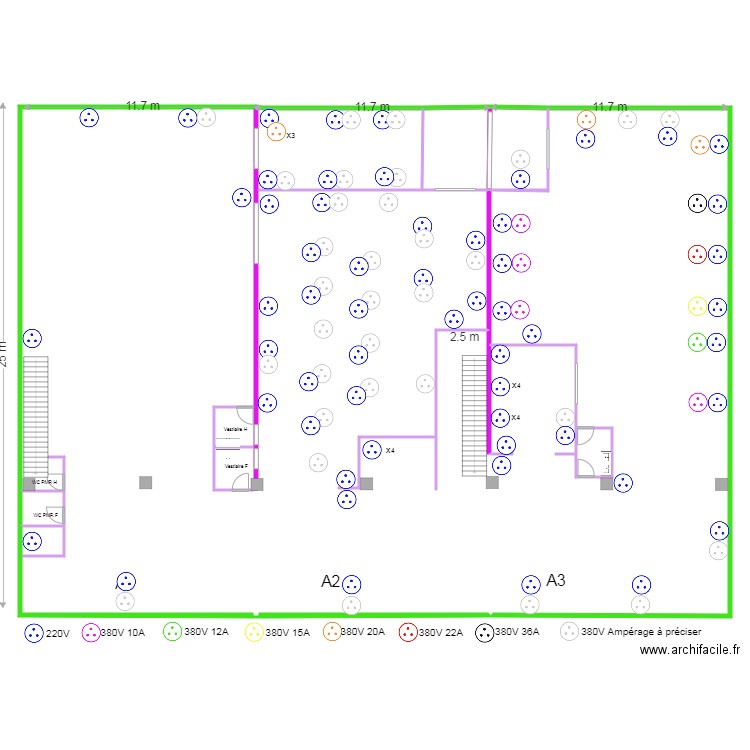 USINE courant fort. Plan de 27 pièces et 1730 m2