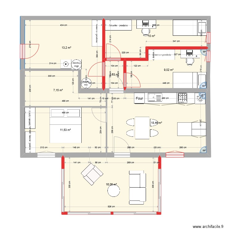 cuisine. Plan de 8 pièces et 87 m2