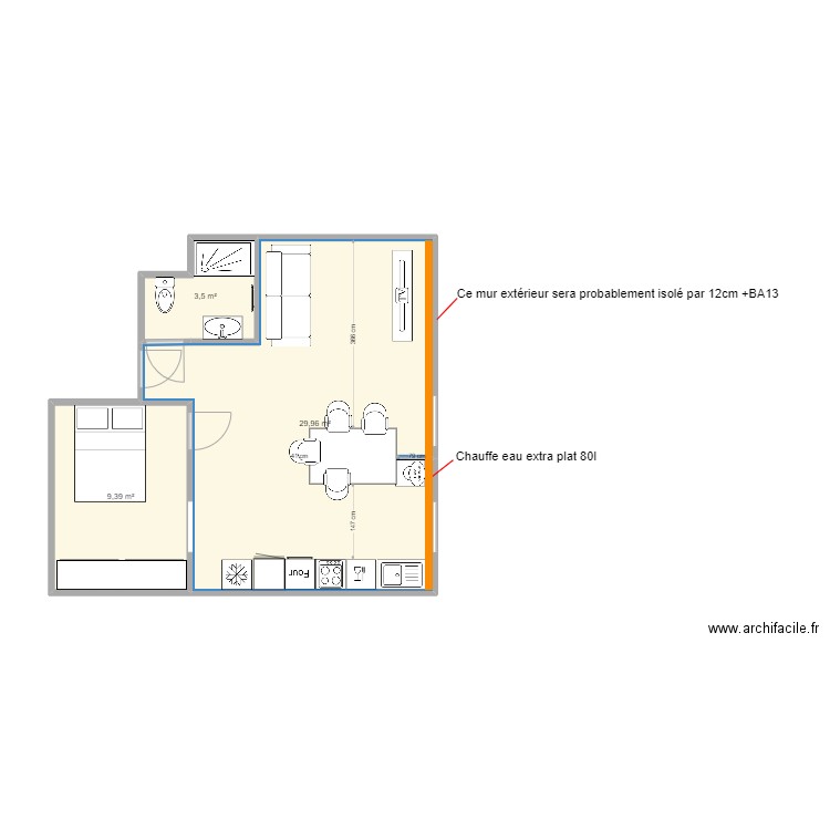 T2 joliette après. Plan de 3 pièces et 43 m2