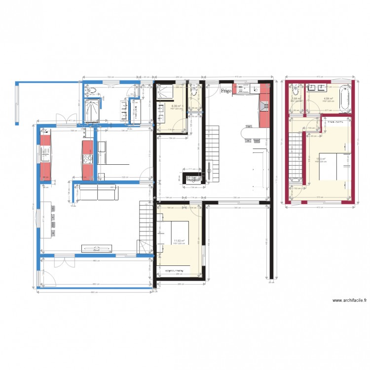 cuisine centrale. Plan de 5 pièces et 42 m2