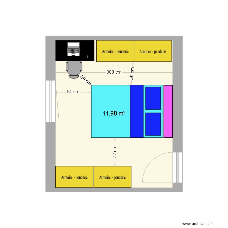 chambre kim bureau. Plan de 1 pièce et 12 m2