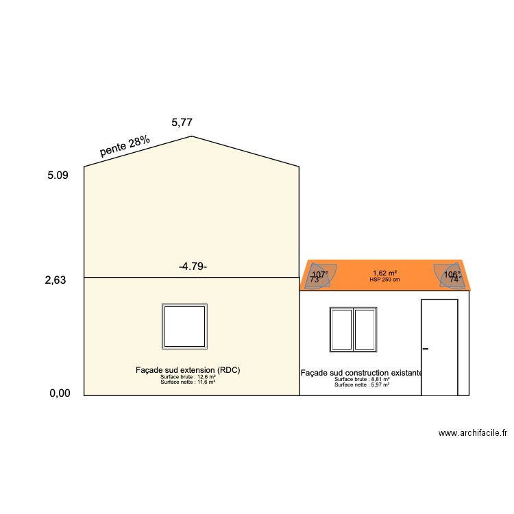 façade sud. Plan de 1 pièce et 2 m2