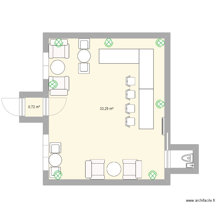 bar. Plan de 2 pièces et 34 m2