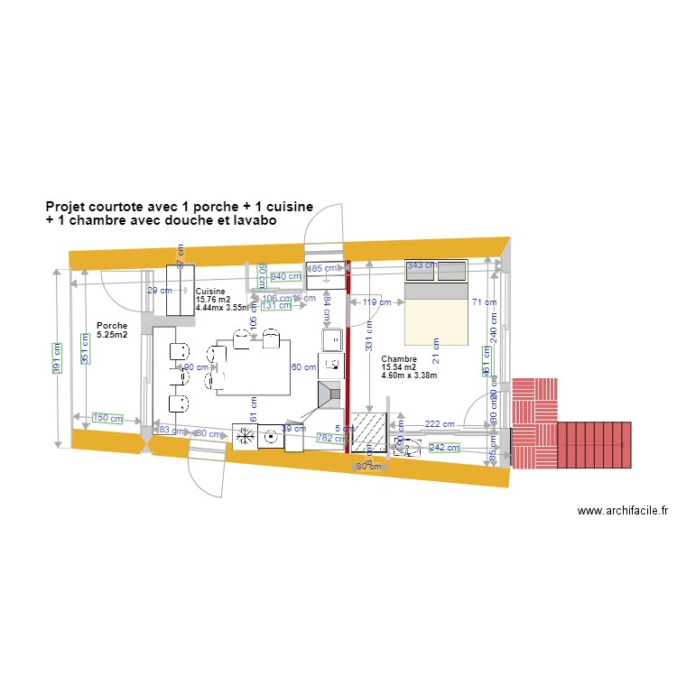 plan courtote après  travaux avec cuisine + chambre sdb. Plan de 0 pièce et 0 m2