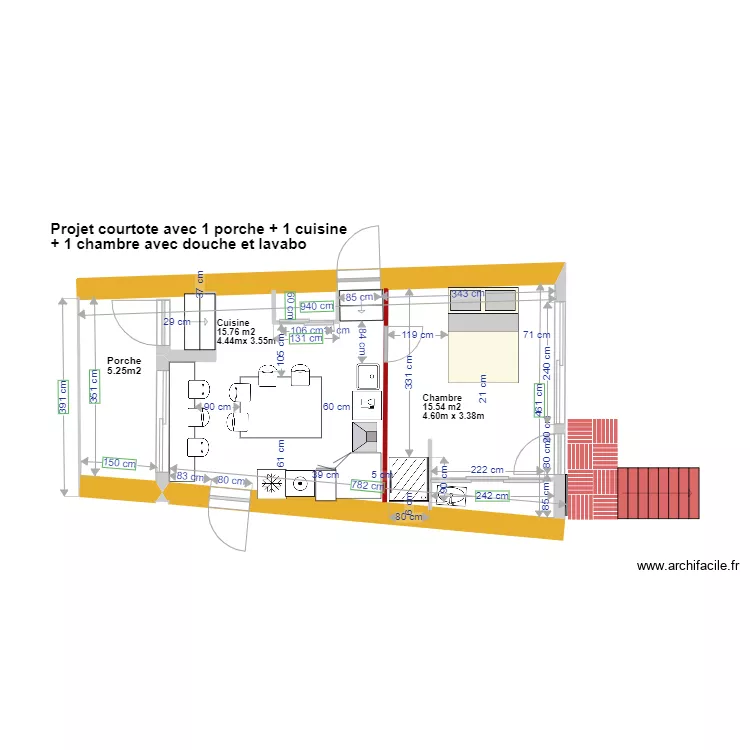 plan courtote apr&egrave;s  travaux avec cuisine + chambre sdb. Plan de 