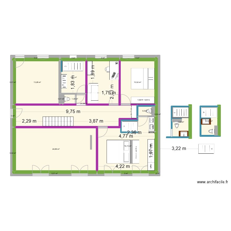 1er étage. Plan de 16 pièces et 105 m2