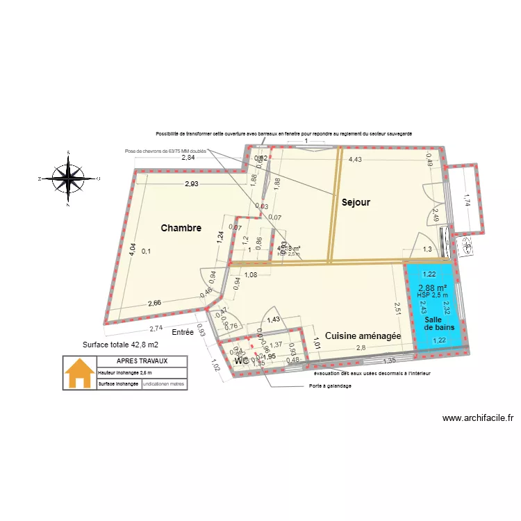 Amouyer apr&egrave;s travaux VERSION Studio 2026 03 28. Plan de 2  et 43 m²