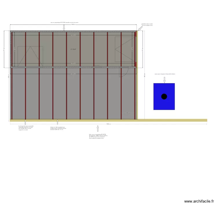 vue de dessus de l'ensemble du garage avec la toiture et le mur. Plan de 