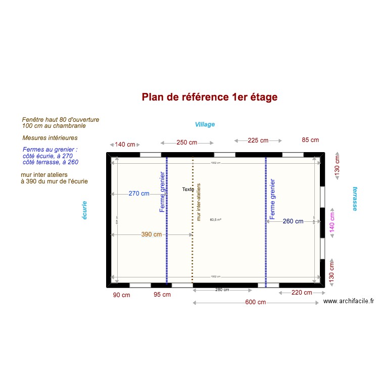 plan de référence 1er étage et report mur bas et fermes greniers. Plan de 0 pièce et 0 m2