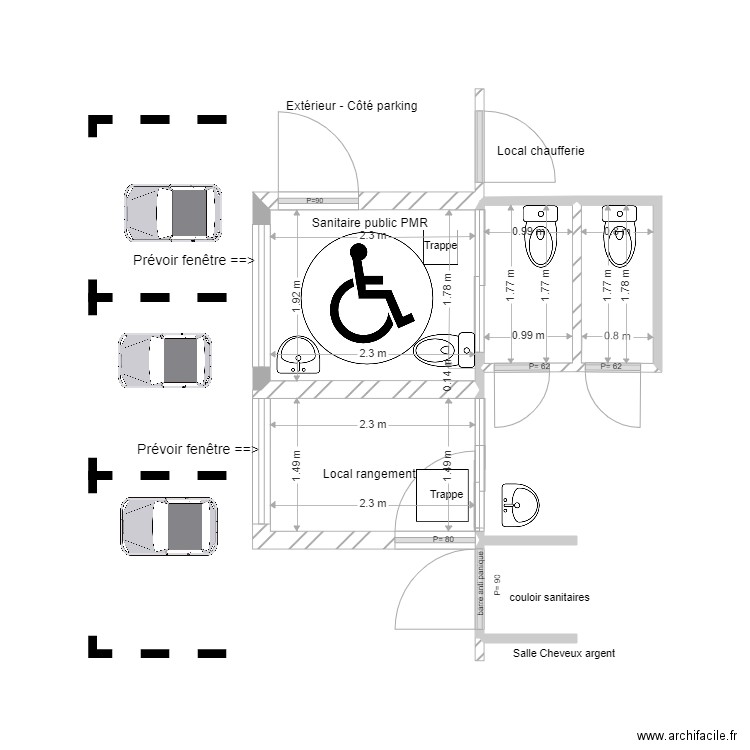 Salle polyvalente Sanitaire Ext V1. Plan de 4 pièces et 11 m2