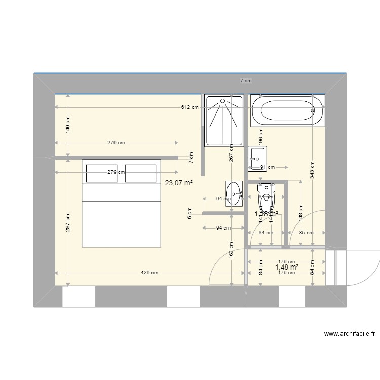 chambre dressing SdB 1. Plan de 3 pièces et 26 m2