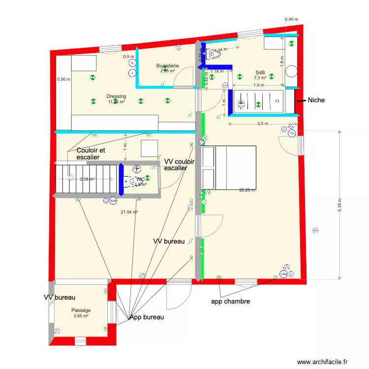 Doublages et cloisons volume nuit rdc. Plan de 