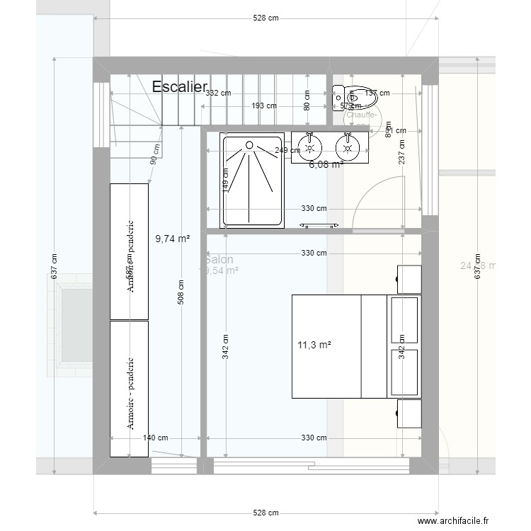 Nouveau plan étage avec escalier droit sdb2. Plan de 14 pièces et 151 m2