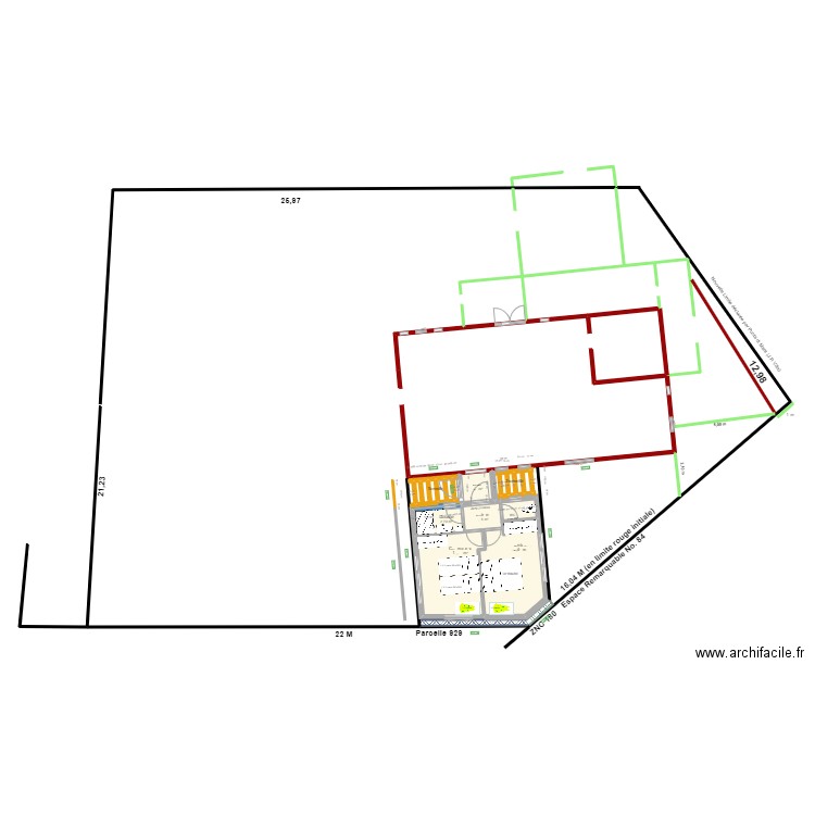 Rectangle 2 Ch 32 M2 Coin VF. Plan de 10 pièces et 35 m2