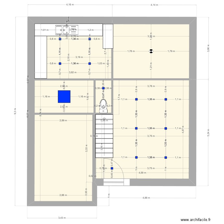 rdc. Plan de 2 pièces et 48 m2