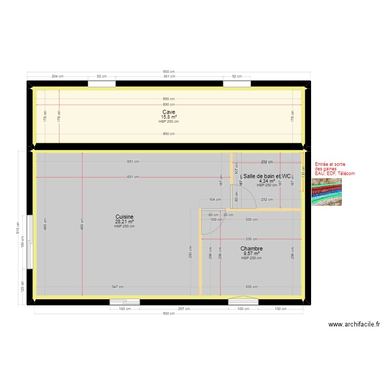 RdC arrivée des gaines et tuyaux. Plan de 4 pièces et 58 m2