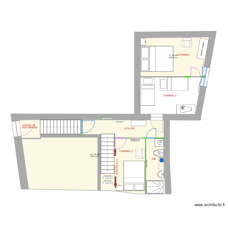 1 ER ÉTAGE MODIF APRES TRAVAUX. Plan de 2 pièces et 53 m2