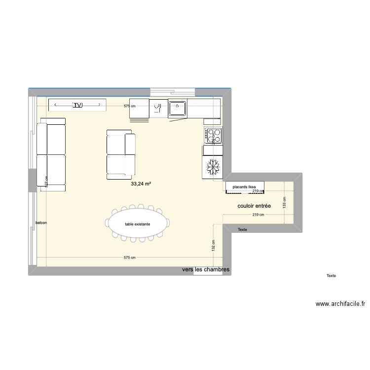plan de l'existant cuisine salon. Plan de 1 pièce et 33 m2