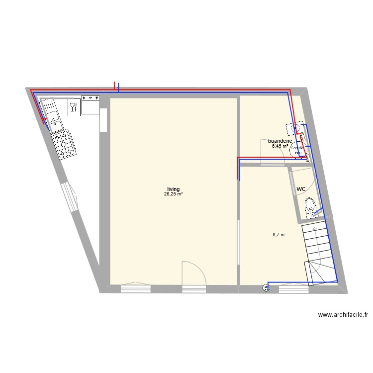 rdc avec plomberie. Plan de 3 pièces et 42 m2