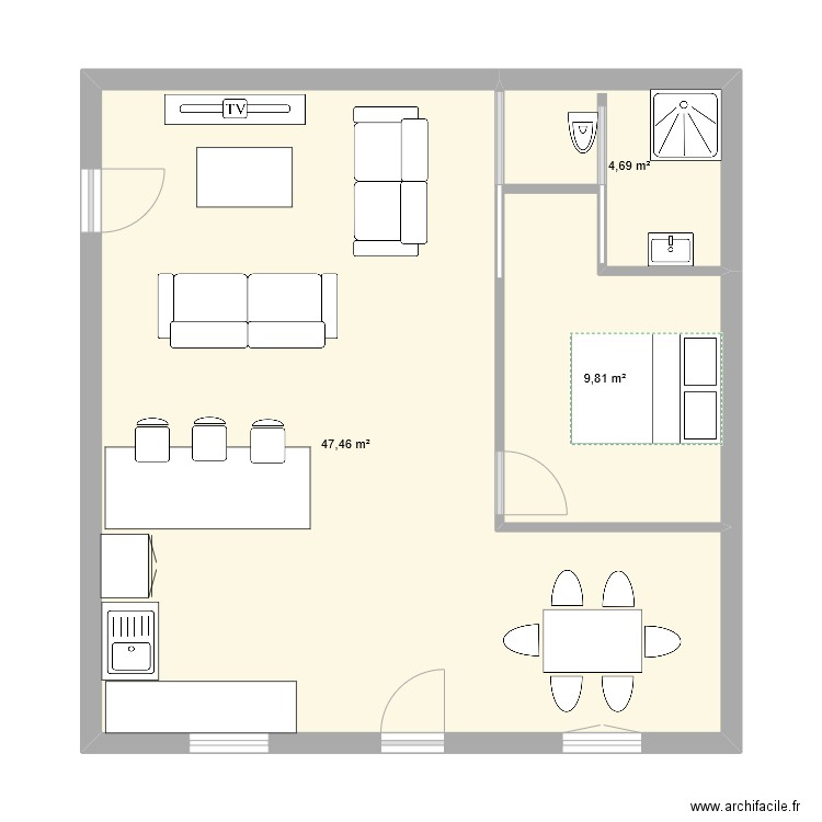 maison Rouziers RDC. Plan de 3 pièces et 62 m2