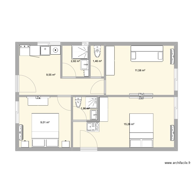 Hanioti. Plan de 7 pièces et 52 m2