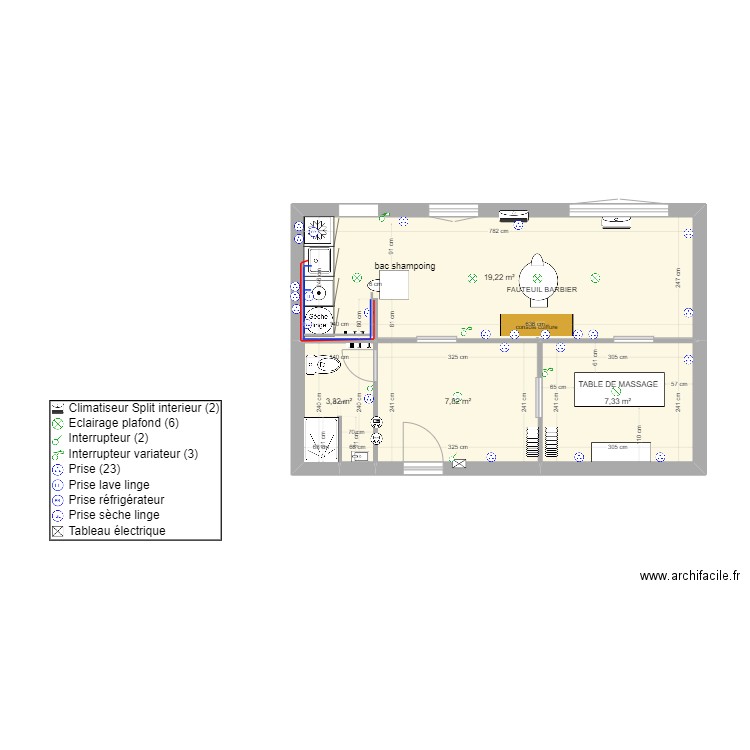 SALON  avec ancienne cloison. Plan de 4 pièces et 38 m2